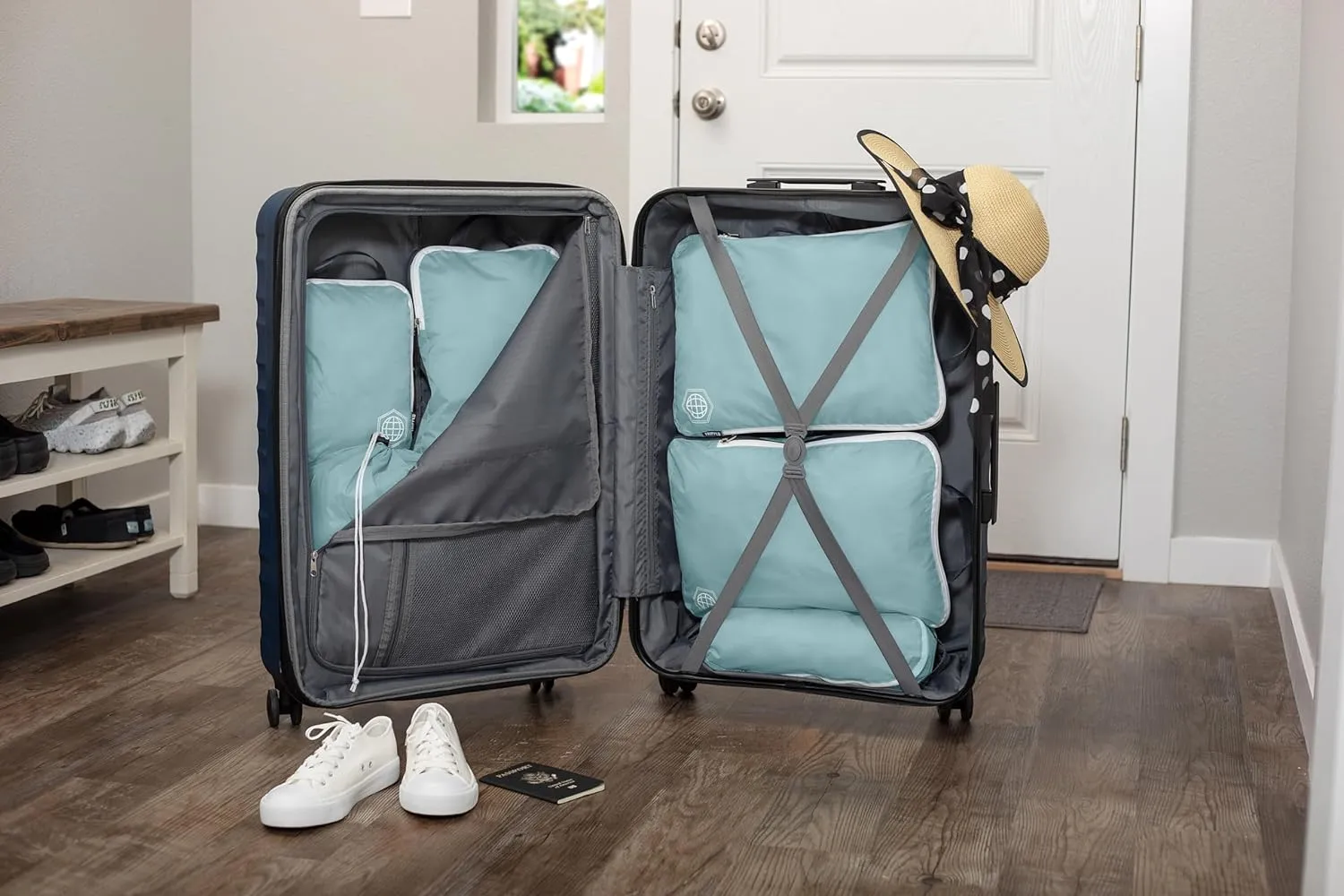 Large Compression Packing Cubes for Travel-Packing Cube Luggage Organizers 7 Piece Set for Checked Luggage-Ultralight, Expandable/Compression Bags by TRIPPED Travel Gear (DustyTeal/White)