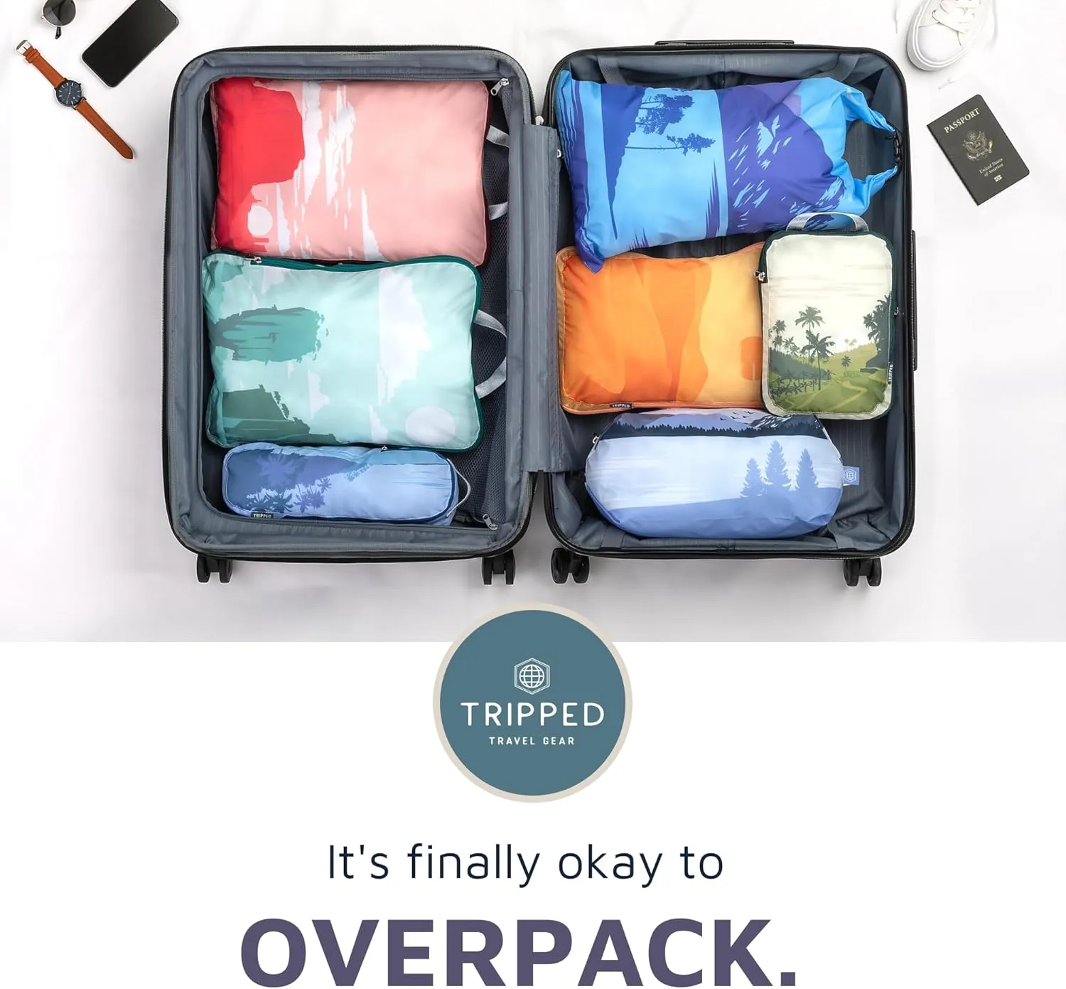 Large Compression Packing Cubes for Travel-Packing Cube Luggage Organizers 7 Piece Set for Checked Luggage-Ultralight, Expandable/Compression Bags by TRIPPED Travel Gear (Landscape)