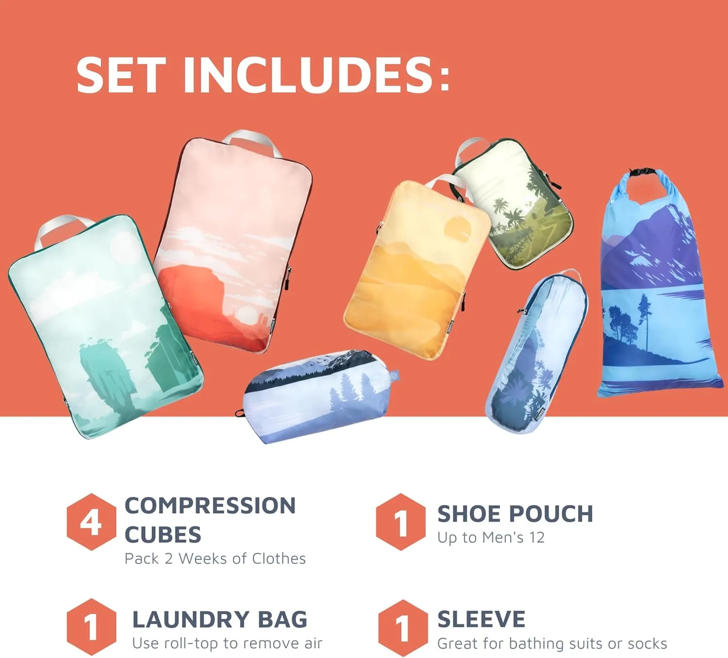 Large Compression Packing Cubes for Travel-Packing Cube Luggage Organizers 7 Piece Set for Checked Luggage-Ultralight, Expandable/Compression Bags by TRIPPED Travel Gear (Landscape)