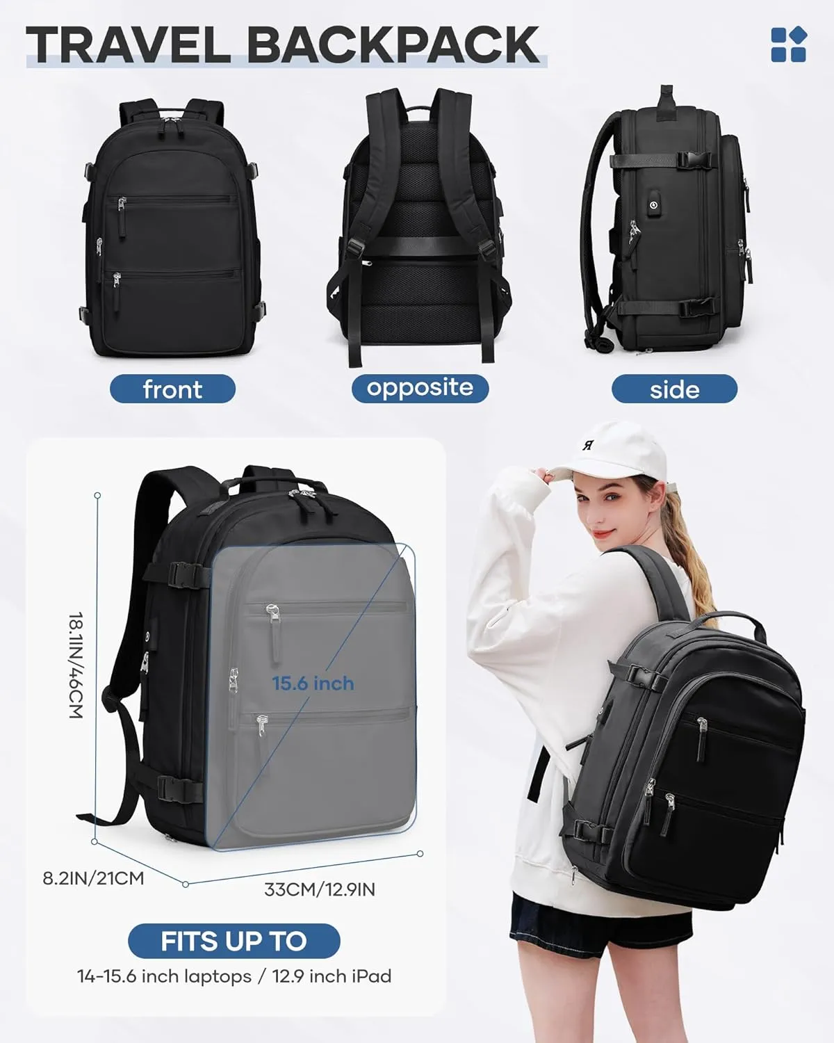 Large Travel Vacuum Backpack, 32L Airback Backpack With Vacuum Seal, 15.6 Inch Waterproof Business Laptop Backpack with USB Charging Port for Women & Men, Vacuum Pump Included, Black