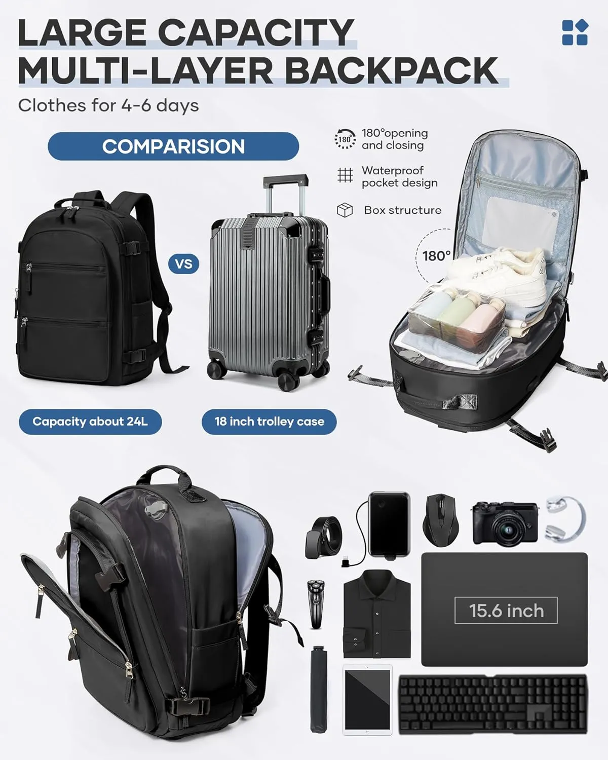 Large Travel Vacuum Backpack, 32L Airback Backpack With Vacuum Seal, 15.6 Inch Waterproof Business Laptop Backpack with USB Charging Port for Women & Men, Vacuum Pump Included, Black