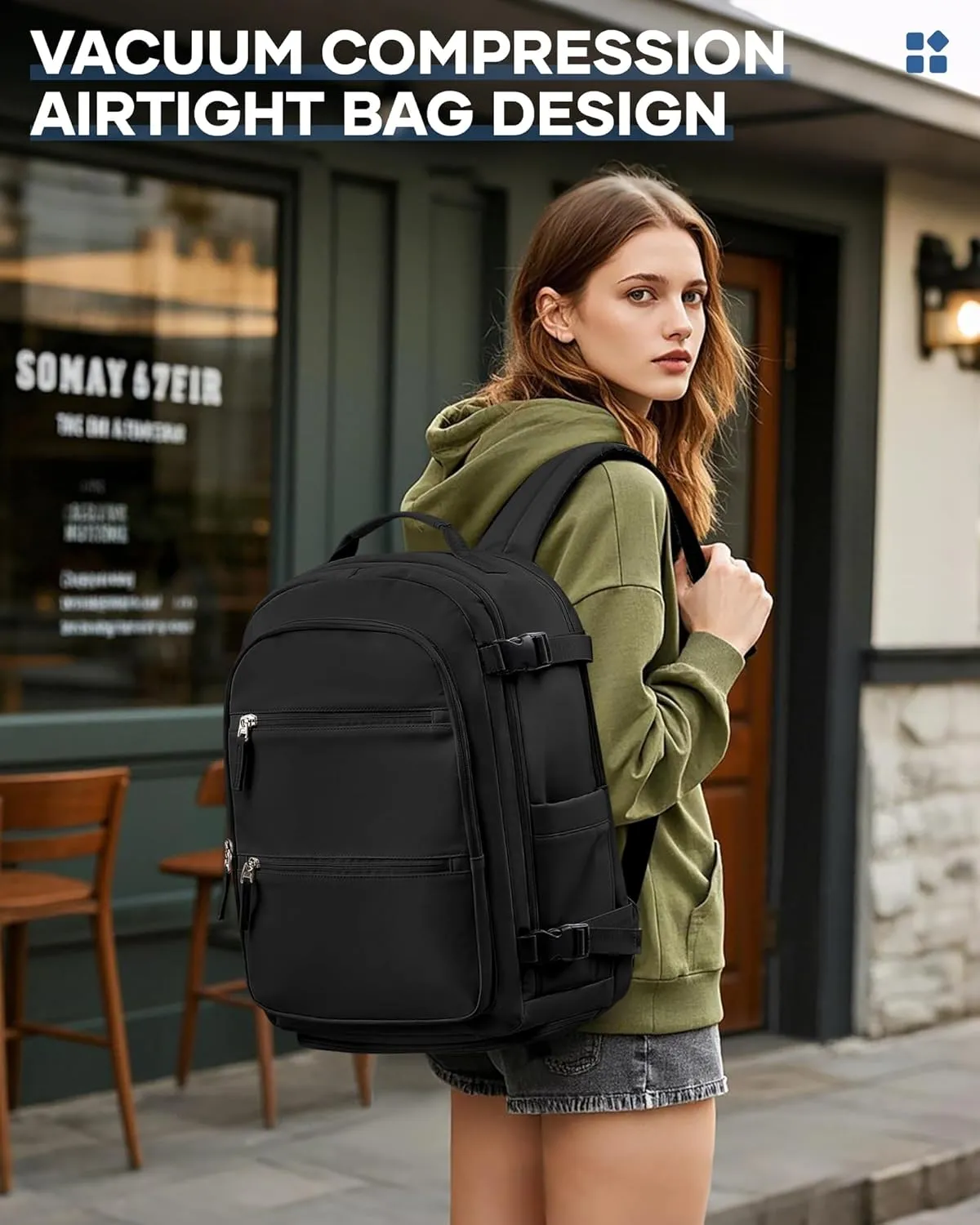 Large Travel Vacuum Backpack, 32L Airback Backpack With Vacuum Seal, 15.6 Inch Waterproof Business Laptop Backpack with USB Charging Port for Women & Men, Vacuum Pump Included, Black