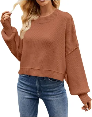 Lastesso Sweaters for Women Trendy Crop Long Sleeve Crew Neck Loose Sweater Clothes Loose Solid Knitted Preppy Outfits
