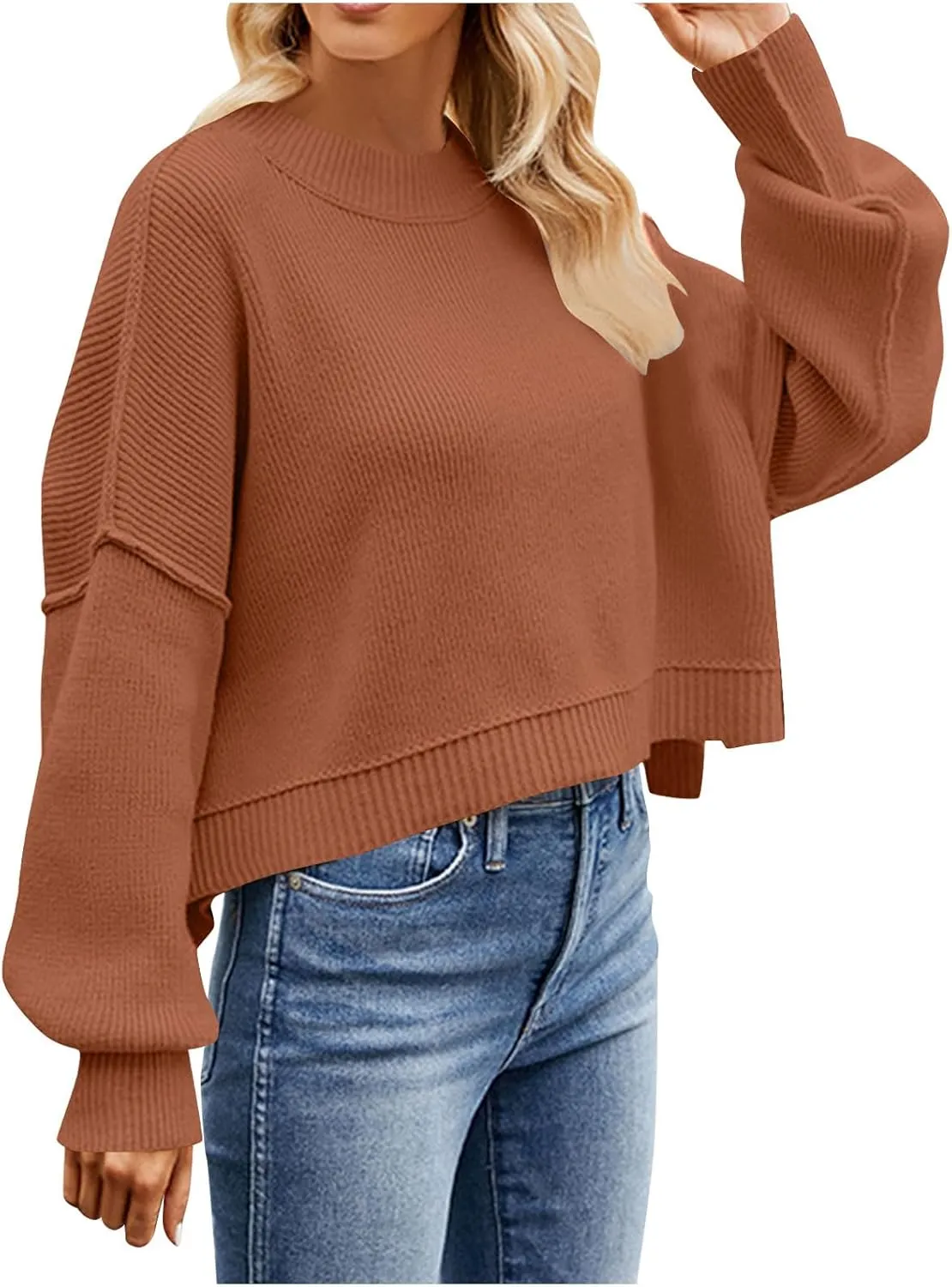 Lastesso Sweaters for Women Trendy Crop Long Sleeve Crew Neck Loose Sweater Clothes Loose Solid Knitted Preppy Outfits