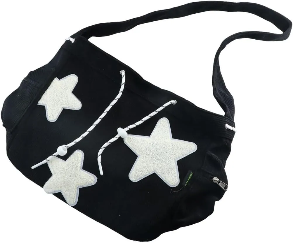Leadigol Y2K Star Canvas Messenger Bag, Women Crossbody Bag Adjustable Storage Bags Large Capacity Makeup Lipstick Bags Teens Bag Drawstring