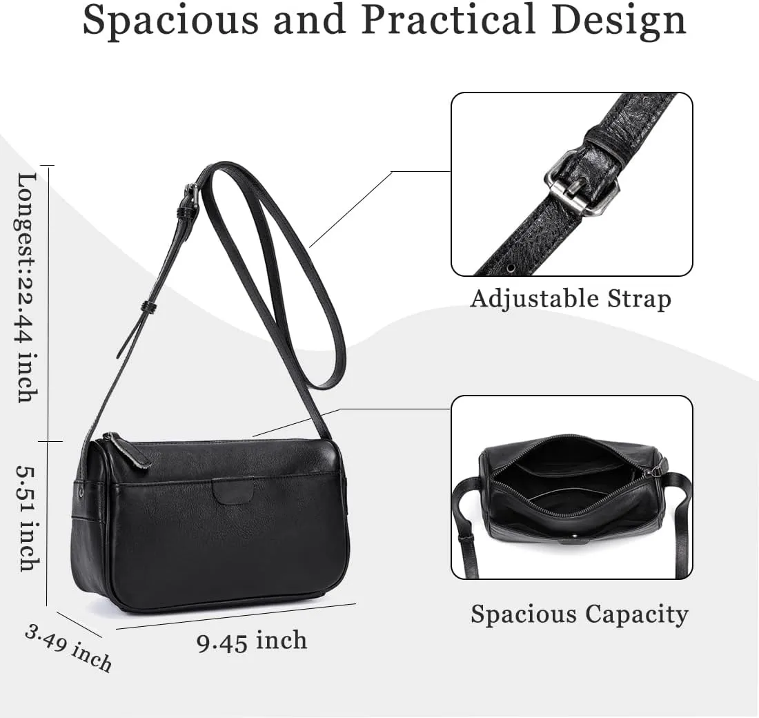 Leather Crossbody Bags for Women, Vintage Real Leather Crossbody Purse Retro Small Shoulder Handbag with Adjustable Strap