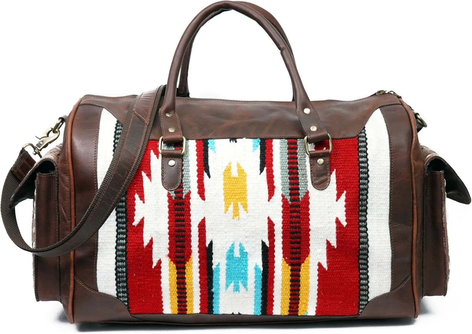 Leather Weekender Bag, Removable Strap, Buff Crunch and Harness Leather, Woolen Blanket Pattern, 20 x 11 x 11 inches