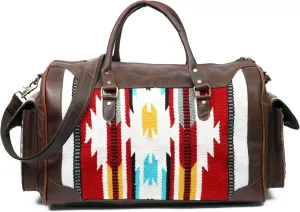 Leather Weekender Bag, Removable Strap, Buff Crunch and Harness Leather, Woolen Blanket Pattern, 20 x 11 x 11 inches