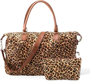 Leopard Print Weekender Bag Extra Large, Stylish Duffle Bags for Travel, Western gifts for Women (Leopard with Makeup Bag)
