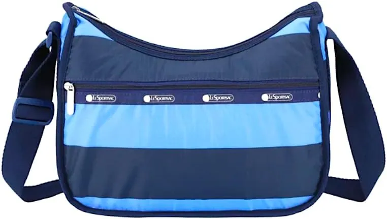 LeSportsac Classic Rugby Periwinkle Classic Hobo Crossbody Bag   Cosmetic Bag, Style 7520/Color E758, Timeless Navy Blue & Modern Periwinkle Stripes Unite, Bold Modern Nautical Inspired Theme