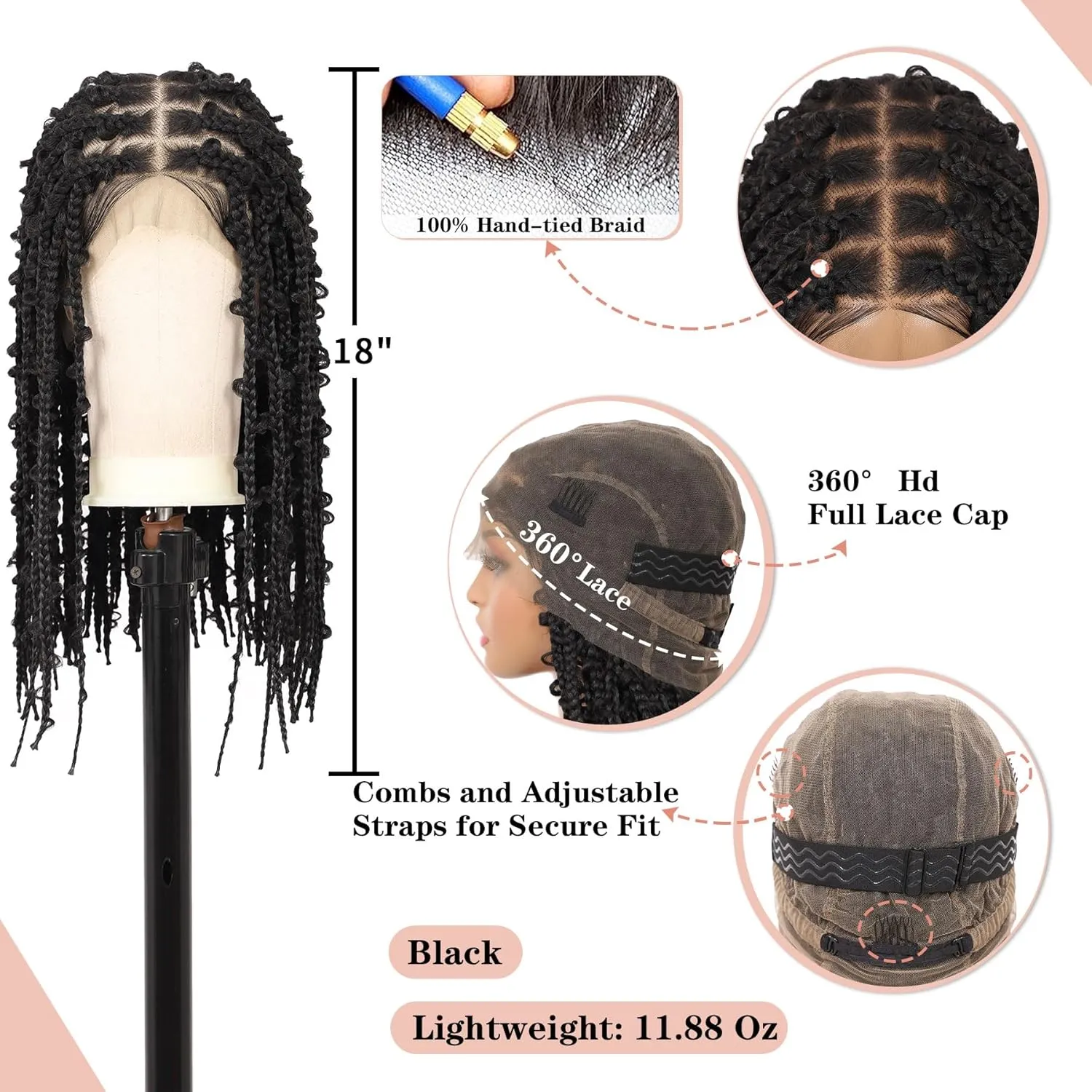 Lexqui 18" 360° HD Full Lace Braided Wigs for Women Short Knotless Braided wigs Butterfly Box Braid Wig with Baby Hair Premium Synthetic Braided Wig Shoulder Length Braided Lace Front Wigs Black