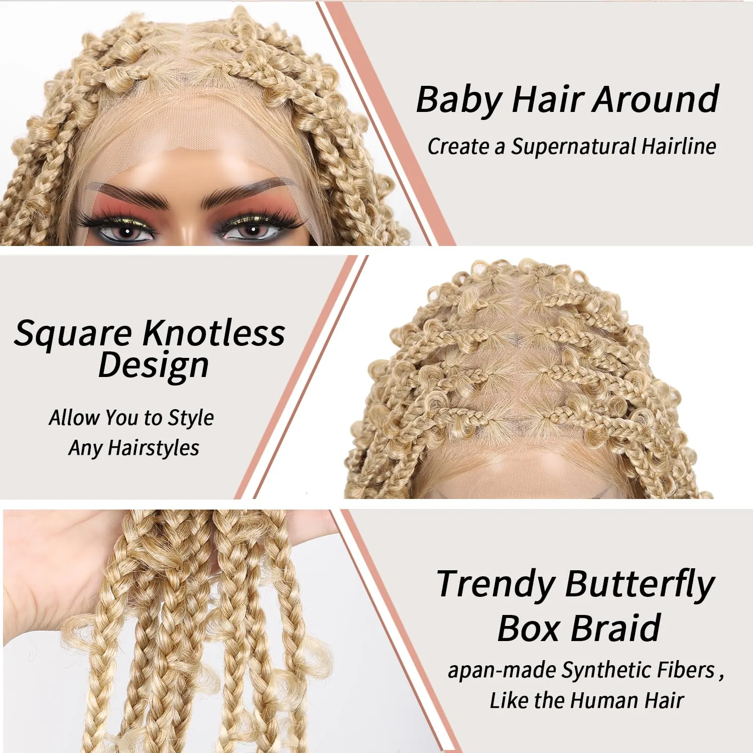 Lexqui 18" 360° HD Full Lace Braided Wigs for Women Short Knotless Butterfly Box Braid Wig with Baby Hair Premium Synthetic Braid Wig Shoulder Length Braided Lace Front Wigs Blonde
