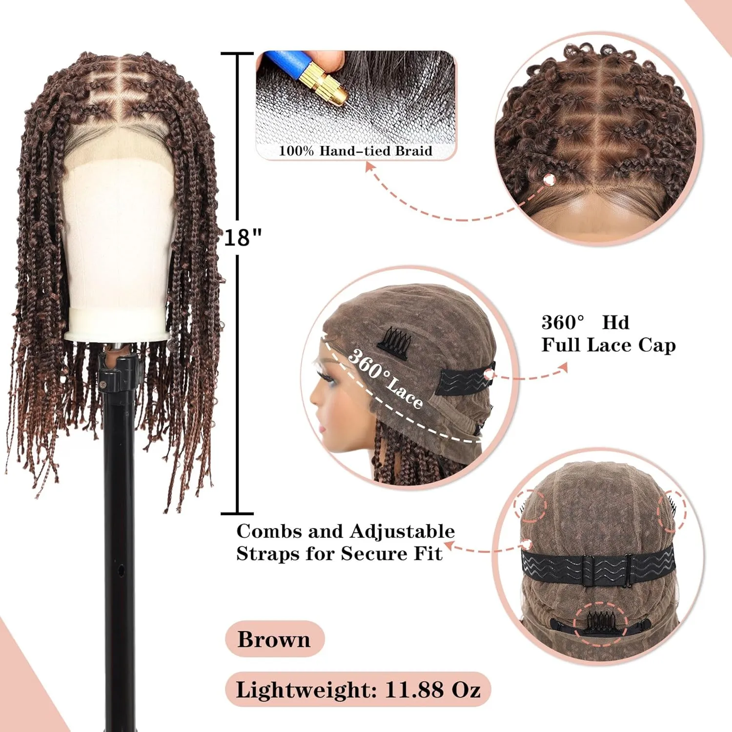 Lexqui 18" 360° HD Full Lace Braided Wigs for Women Short Knotless Butterfly Box Braid Wig with Baby Hair Premium Synthetic Lace Frontal Braid Wig Shoulder Length Braided Lace Front Wigs Brown