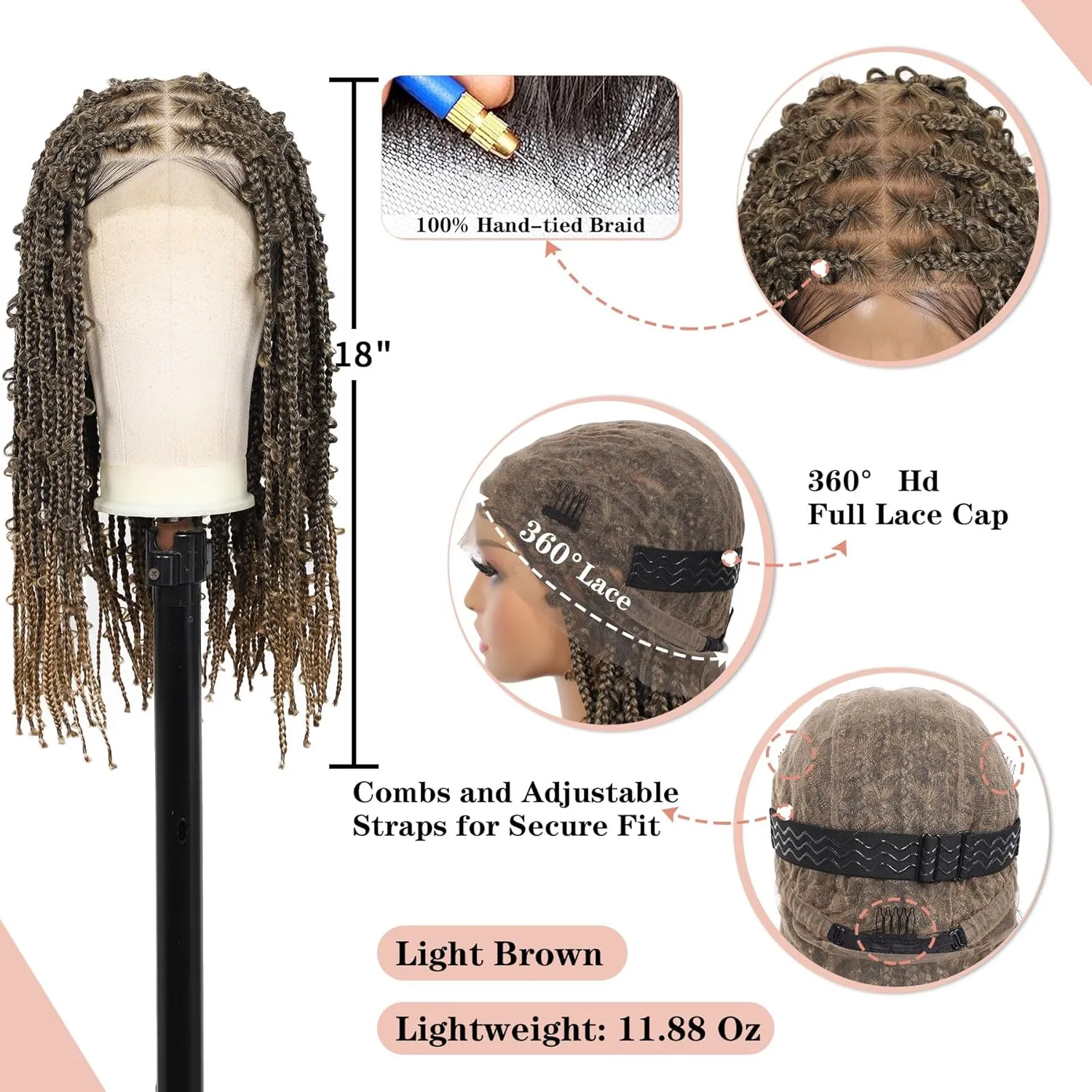 Lexqui 18" 360° HD Full Lace Braided Wigs for Women Short Knotless Butterfly Box Braid Wig with Baby Hair Premium Synthetic Lace Frontal Braid Wig Shoulder Length Braided Lace Front Wigs Light Brown