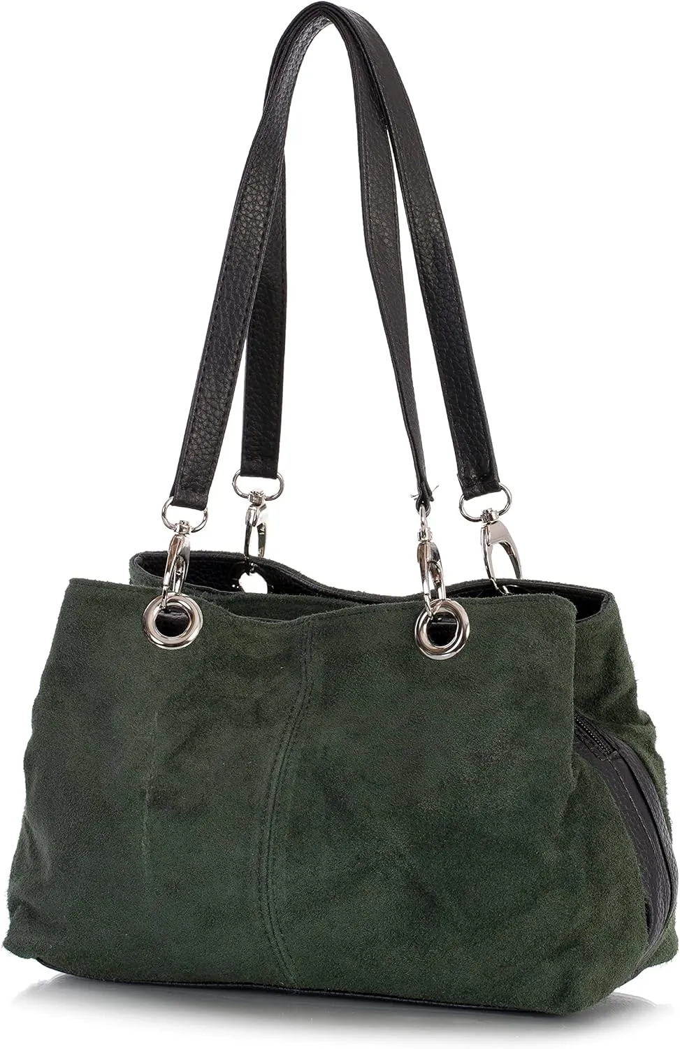 LiaTalia - Lush Italian Suede Womens Twin Handle Multi Zip Pockets Small Shoulder Bag - HOLLY (Medium Olive)