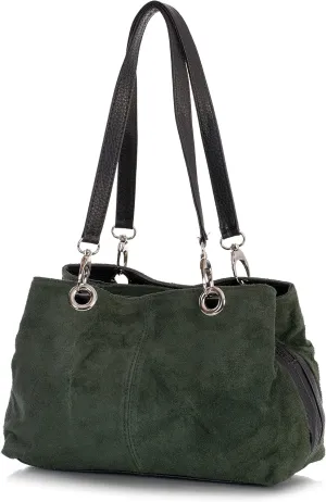 LiaTalia - Lush Italian Suede Womens Twin Handle Multi Zip Pockets Small Shoulder Bag - HOLLY (Medium Olive)