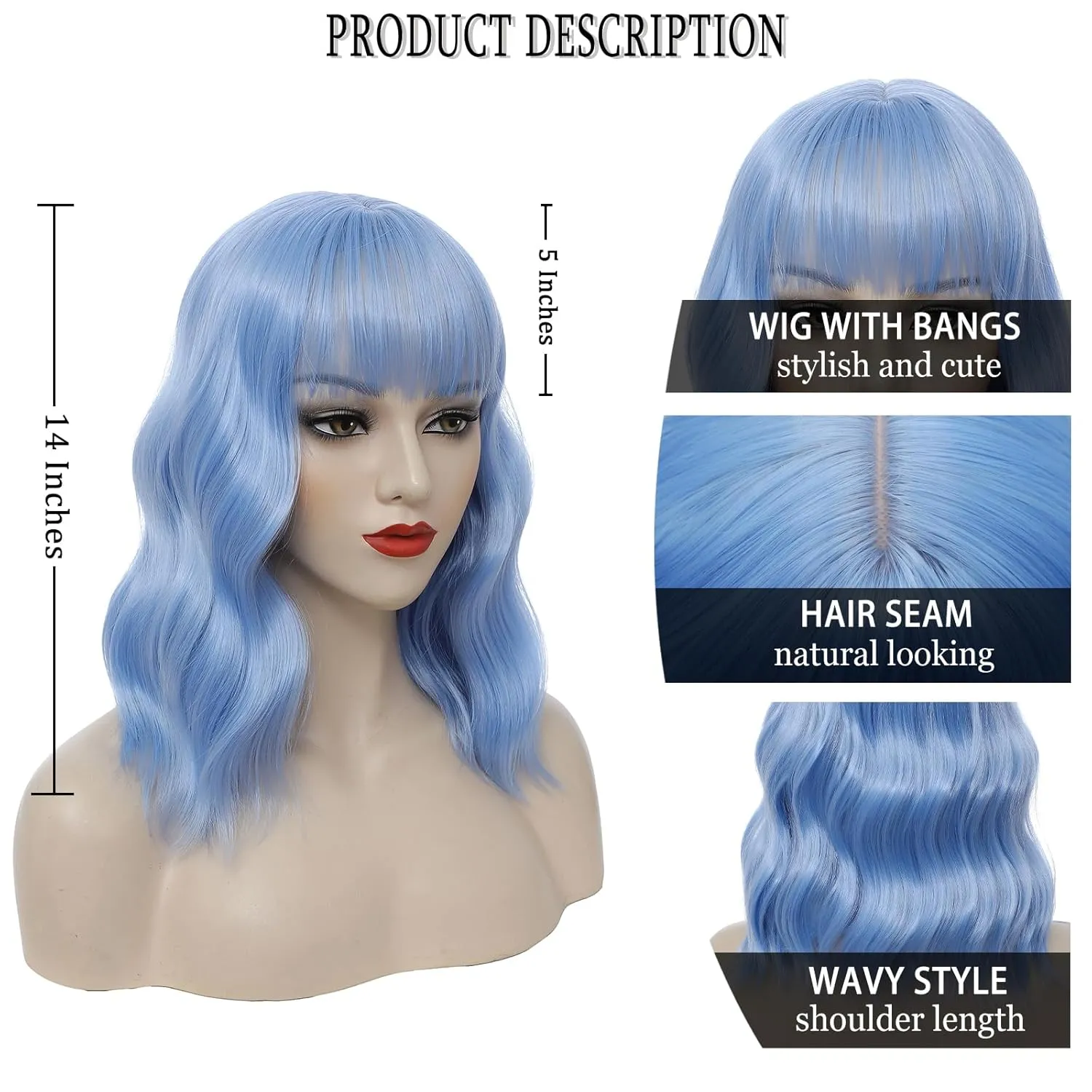 Light Blue Short Bob Wig with Bangs for Women Loose Wavy Wig Curly Wavy Shoulder Length Synthetic Bob Wigs for Girl Halloween Costume Cosplay Daily Use
