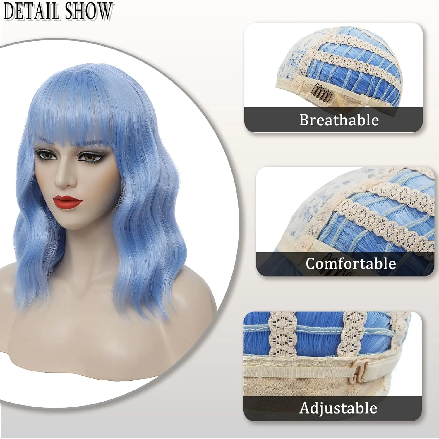 Light Blue Short Bob Wig with Bangs for Women Loose Wavy Wig Curly Wavy Shoulder Length Synthetic Bob Wigs for Girl Halloween Costume Cosplay Daily Use
