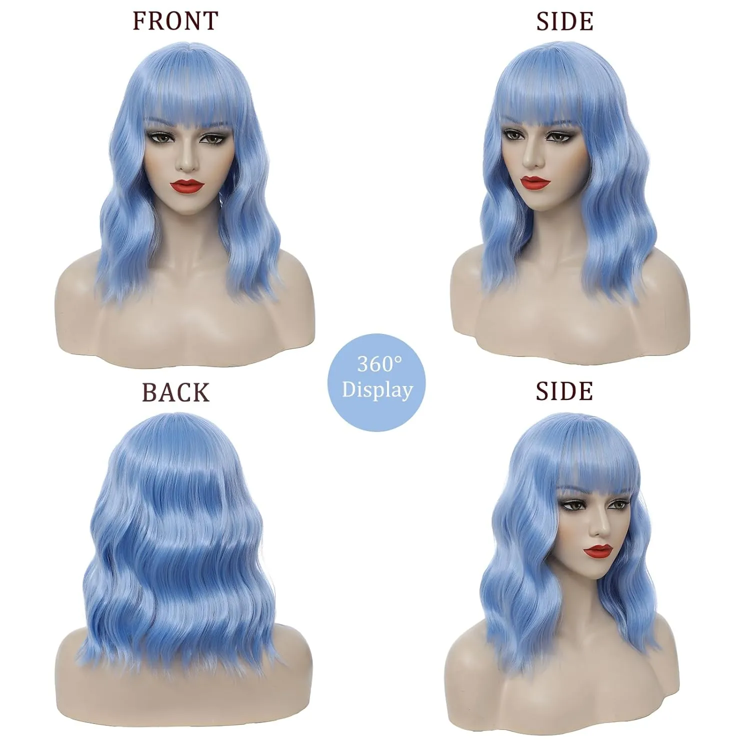 Light Blue Short Bob Wig with Bangs for Women Loose Wavy Wig Curly Wavy Shoulder Length Synthetic Bob Wigs for Girl Halloween Costume Cosplay Daily Use