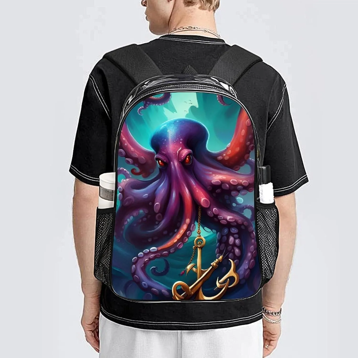 Lightweight Backpack for Gym Travel Bicycle - Big Capacity Multipurpose Transparent Carry On Bag, Mysterious Octopus Monster Art Travel Hiking Bag & Day Pack