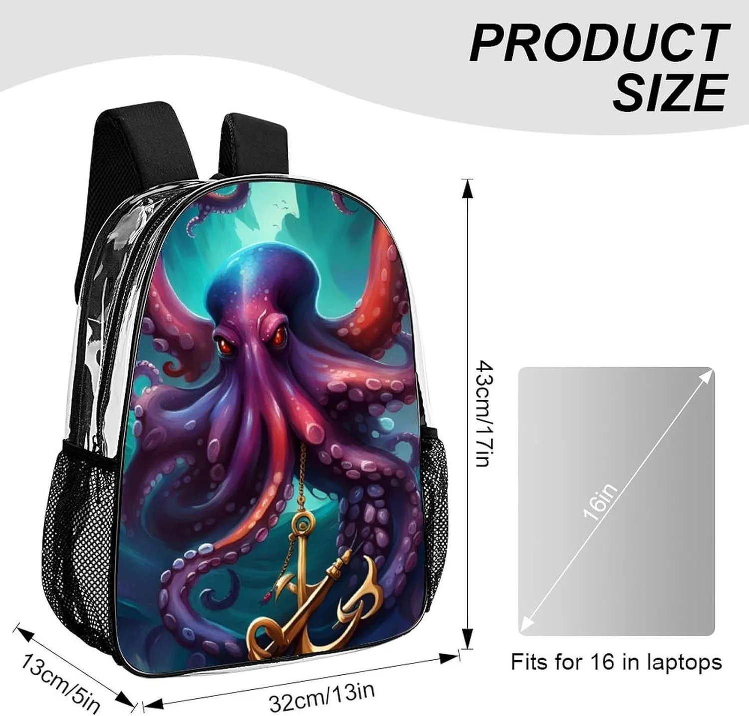 Lightweight Backpack for Gym Travel Bicycle - Big Capacity Multipurpose Transparent Carry On Bag, Mysterious Octopus Monster Art Travel Hiking Bag & Day Pack