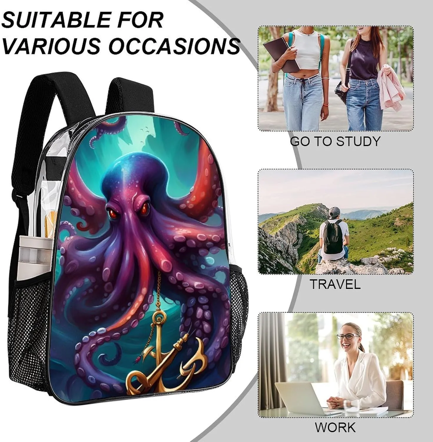 Lightweight Backpack for Gym Travel Bicycle - Big Capacity Multipurpose Transparent Carry On Bag, Mysterious Octopus Monster Art Travel Hiking Bag & Day Pack