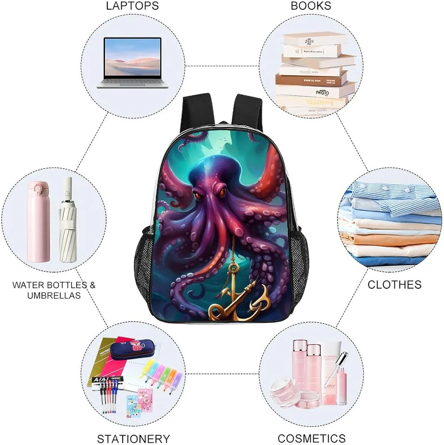 Lightweight Backpack for Gym Travel Bicycle - Big Capacity Multipurpose Transparent Carry On Bag, Mysterious Octopus Monster Art Travel Hiking Bag & Day Pack