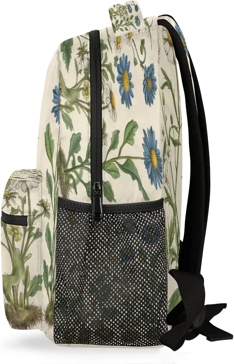 Lightweight Travel Backpack, Antique Daisy Plant Illustration Large Capacity Bookbag, Waterproof Travel Bag Casual Daypack for Men Women Adults