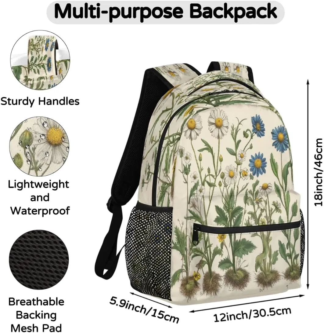 Lightweight Travel Backpack, Antique Daisy Plant Illustration Large Capacity Bookbag, Waterproof Travel Bag Casual Daypack for Men Women Adults