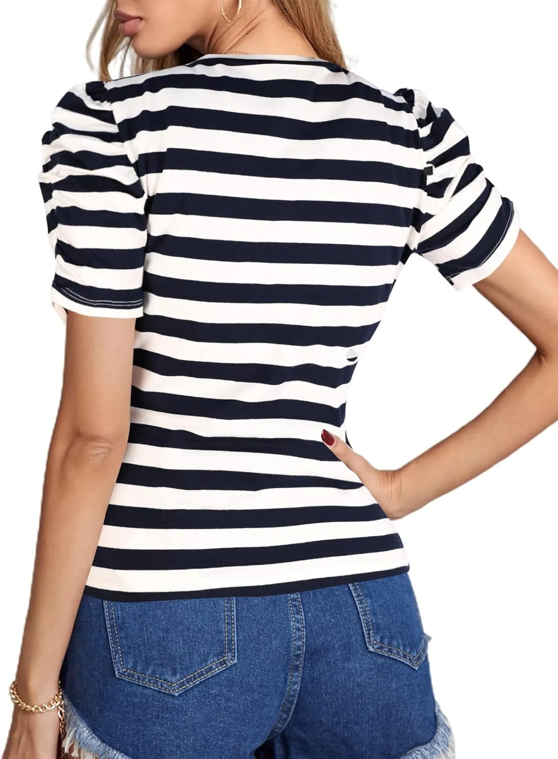 LilyCoco Womens Striped Puff Sleeve T Shirt Breton Crewneck Shirt Loose Fit Tee