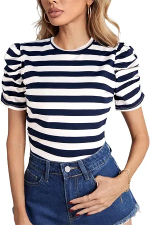 LilyCoco Womens Striped Puff Sleeve T Shirt Breton Crewneck Shirt Loose Fit Tee