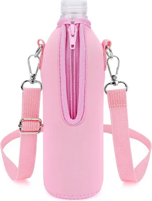 Linkidea Disposable Water Bottle Carrier with Strap Compatible with Smartwater 16.9/20Fl Oz, Crystal Geyser, Neoprene Velvet Bottled Water Sling Bag with Zipper Pull Lockable, Pink