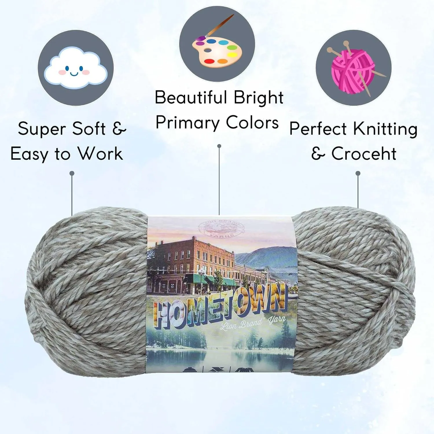 Lion Brand Hometown Bellefontaine Concrete 135-239 (3-Skeins - Same Dye Lot) #6 S Bulky Acrylic Yarn for Crocheting and Knitting with Project Bag