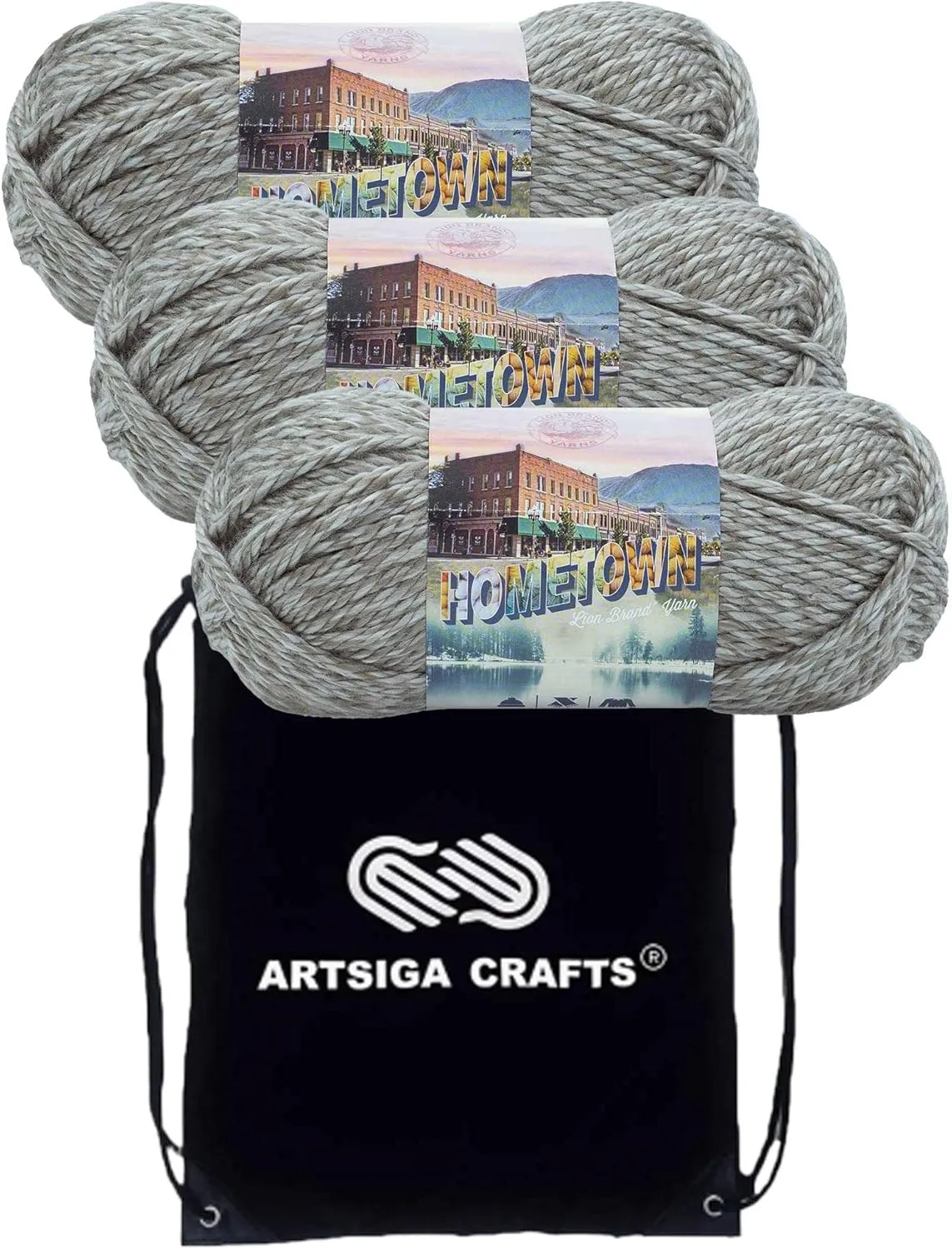 Lion Brand Hometown Bellefontaine Concrete 135-239 (3-Skeins - Same Dye Lot) #6 S Bulky Acrylic Yarn for Crocheting and Knitting with Project Bag