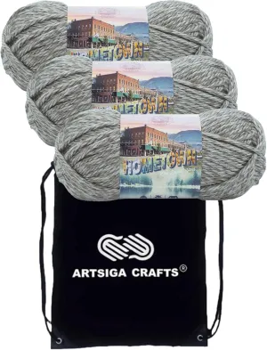 Lion Brand Hometown Bellefontaine Concrete 135-239 (3-Skeins - Same Dye Lot) #6 S Bulky Acrylic Yarn for Crocheting and Knitting with Project Bag