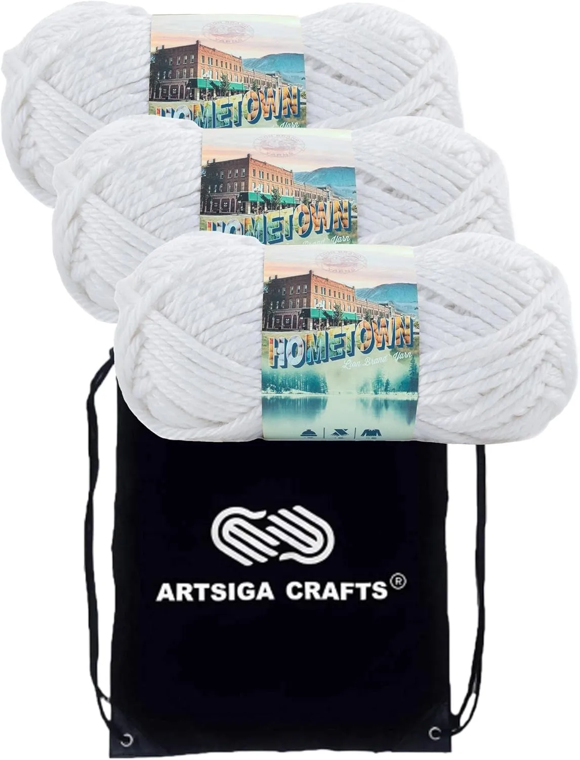 Lion Brand Hometown New York White 135-100 (3-Skeins - Same Dye Lot) #6 S Bulky Acrylic Yarn for Crocheting and Knitting with Project Bag
