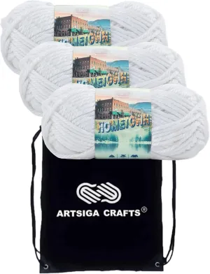 Lion Brand Hometown New York White 135-100 (3-Skeins - Same Dye Lot) #6 S Bulky Acrylic Yarn for Crocheting and Knitting with Project Bag