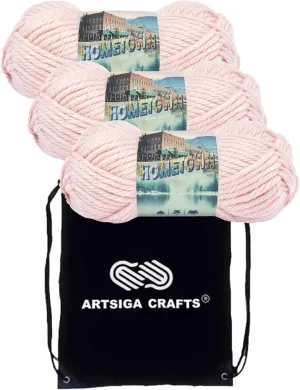 Lion Brand Hometown Providence Pink 135-101 (3-Skeins - Same Dye Lot) #6 S Bulky Acrylic Yarn for Crocheting and Knitting with Knitting Project Bag