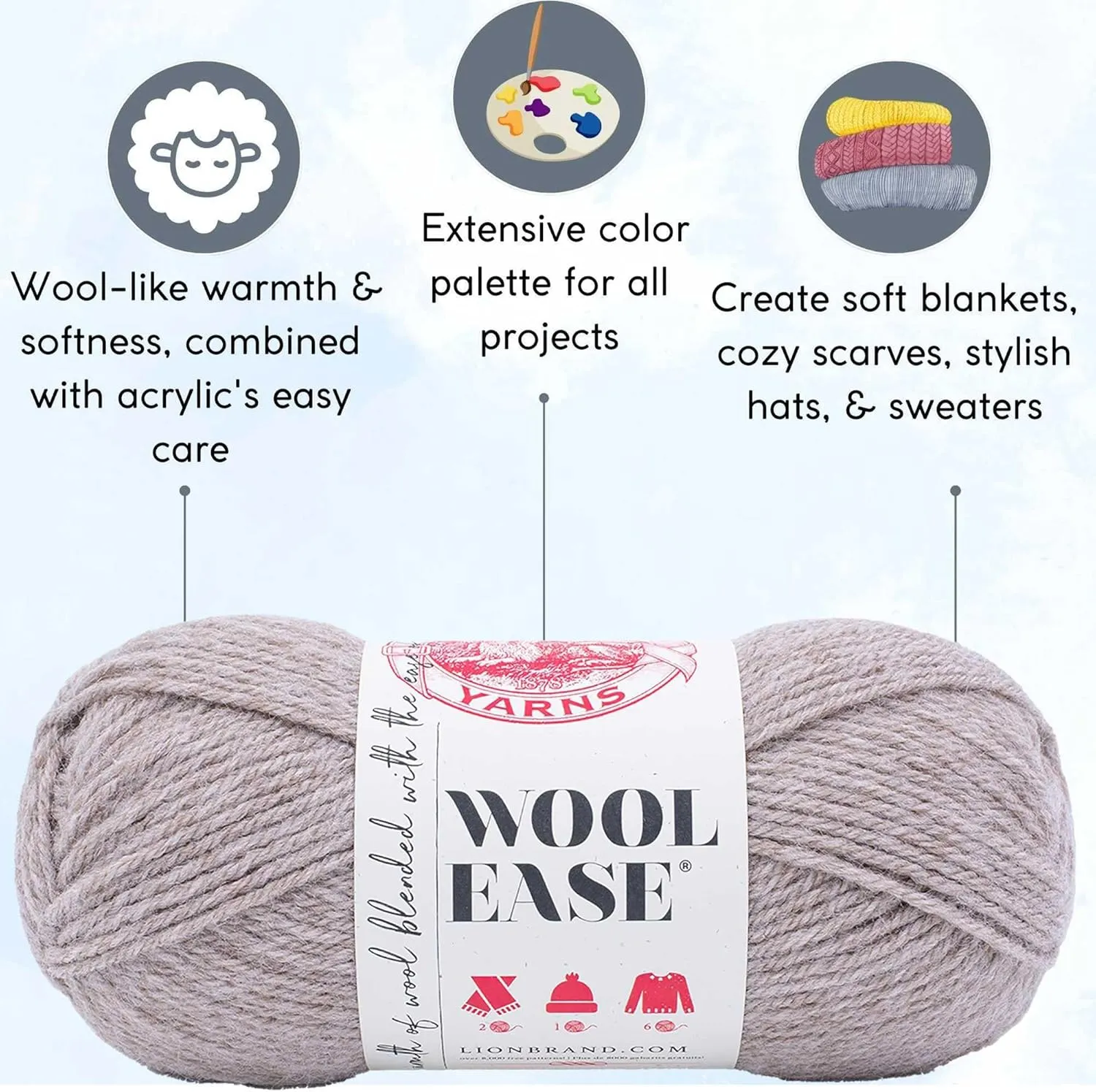 Lion Brand Wool Ease Oatmeal 620-024 (3-Skeins - Same Dye Lot) Worsted Medium #4 Acrylic, Wool Yarn for Crocheting and Knitting with Project Bag