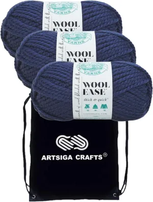 Lion Brand Wool Ease Thick & Quick Navy 640-110 (3-Skeins - Same Dye Lot) #6 S Bulky Acrylic-Wool Yarn for Crocheting and Knitting with Project Bag