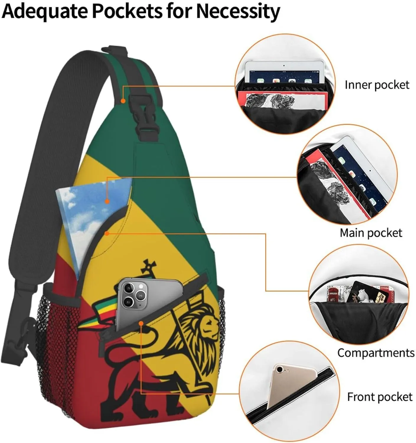 Lion Flag Reggae Rasta Green Yellow Red Art Mans Crossbody Chest Bag Shoulder Bag Adjustable Strap Daypack