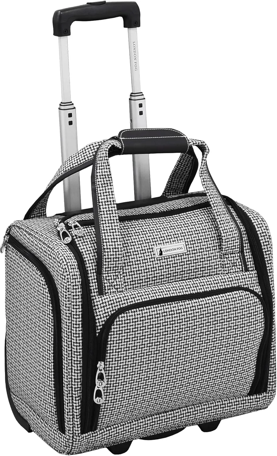 LONDON FOG Softside 15-Inch Under The Seat Bag, Telescoping Handles, Black White Square Jacquard