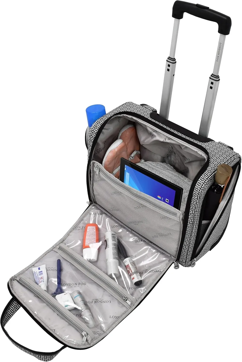 LONDON FOG Softside 15-Inch Under The Seat Bag, Telescoping Handles, Black White Square Jacquard