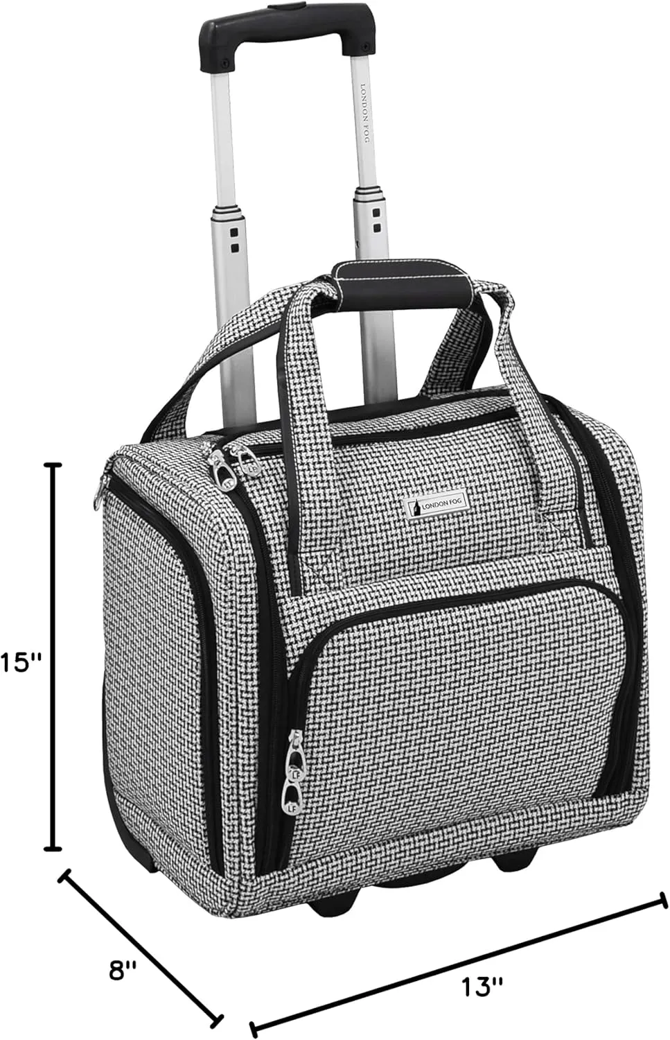 LONDON FOG Softside 15-Inch Under The Seat Bag, Telescoping Handles, Black White Square Jacquard