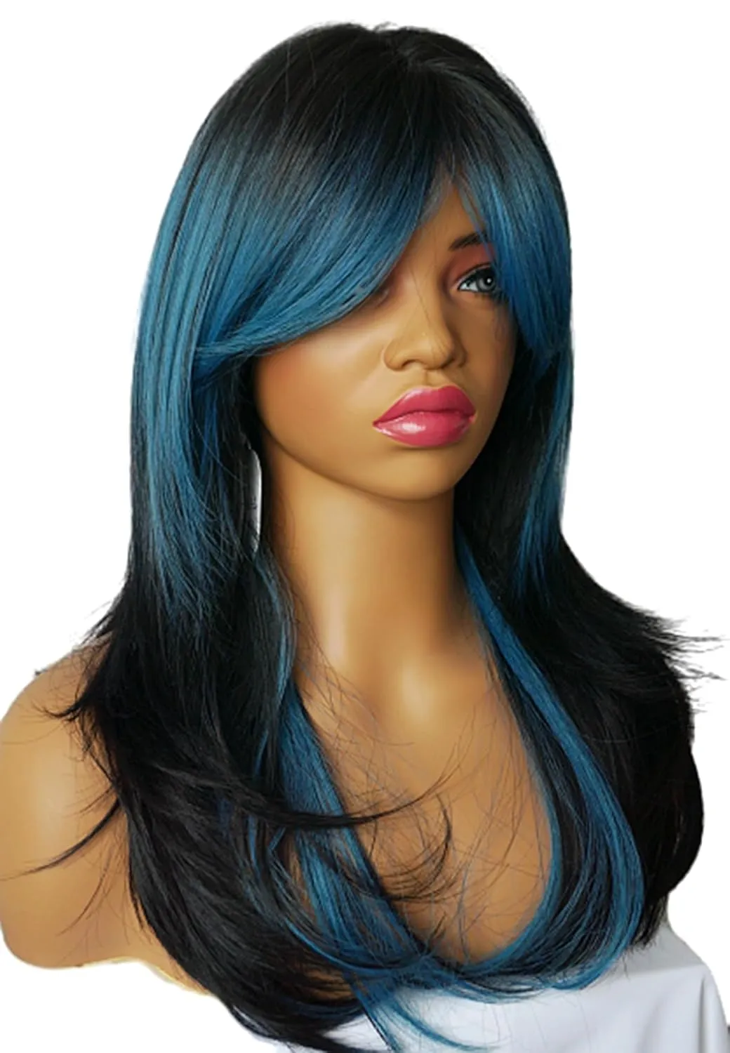 Long Layered Shoulder Length Blue Black wig Synthetic Hair Fiber Highlight Multicolor Wigs for White Women