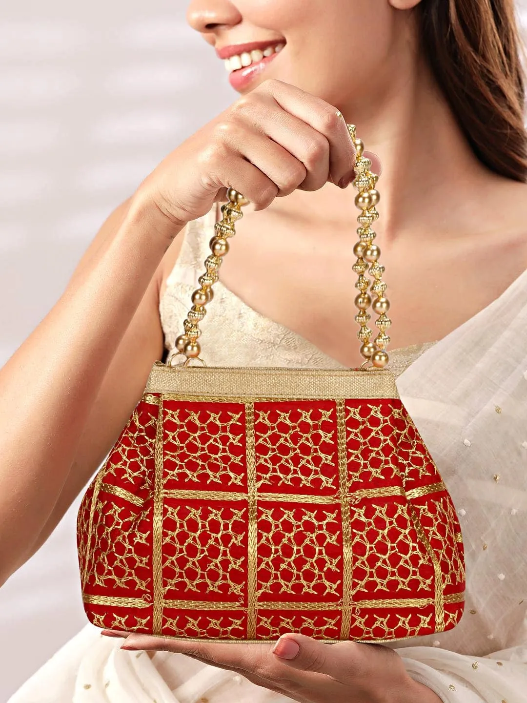 LONGING TO BUY Potli Bags for Women Embroidered Evening Purses with Gold Pearl Handle, Indian Women Potli Bags for Wedding