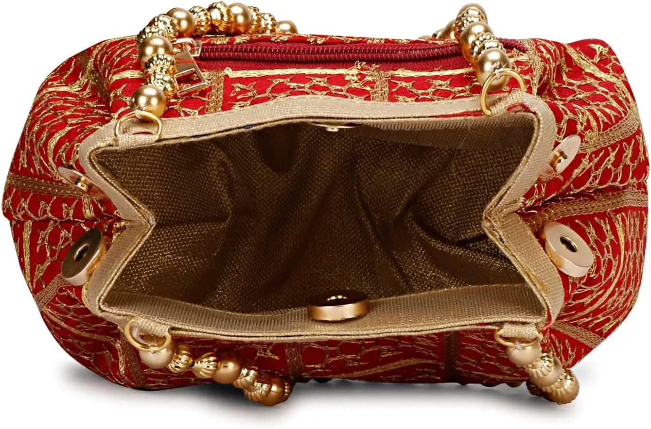 LONGING TO BUY Potli Bags for Women Embroidered Evening Purses with Gold Pearl Handle, Indian Women Potli Bags for Wedding