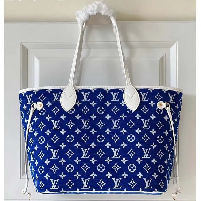 Louis Vuitton Women Neverfull MM Tote Blue Monogram Jacquard Velvet Cowhide Leather