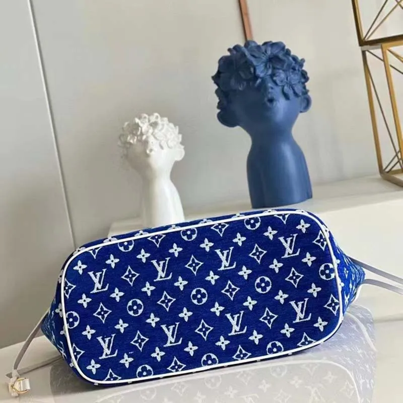 Louis Vuitton Women Neverfull MM Tote Blue Monogram Jacquard Velvet Cowhide Leather