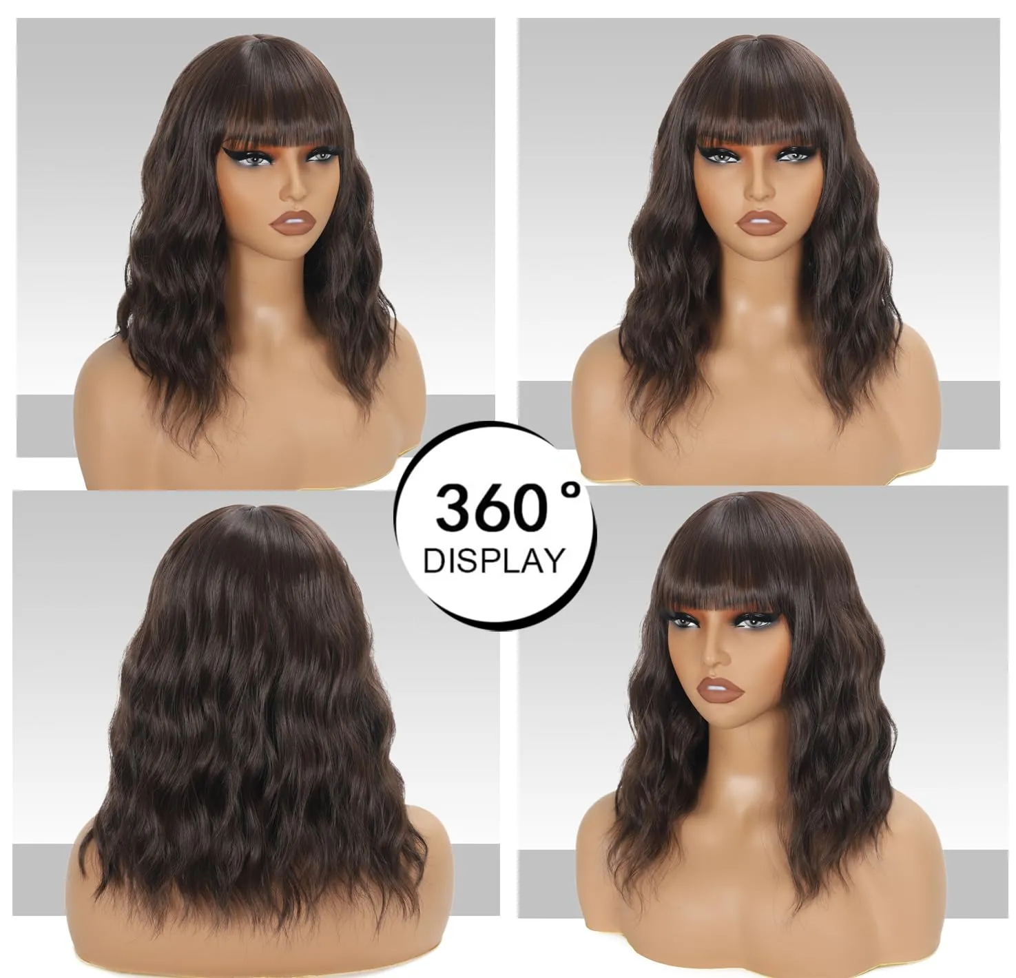 LOVENIA 14" Short Wave Hair Wig - Dark Brown Synthetic Curly Wig with Bangs for Beginners